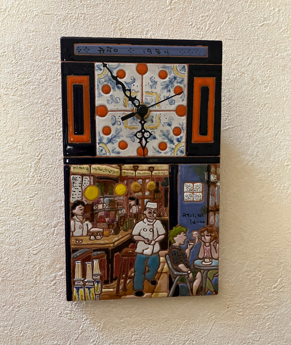 《送料無料》スペインタイルアート　~アトリエターコの飾り時計～「スペインバル」 2枚目の画像