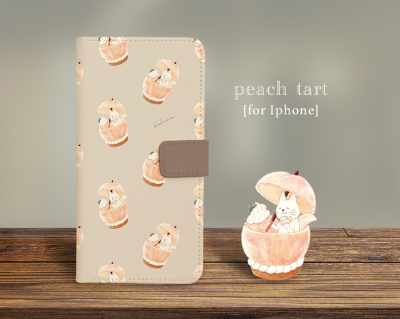 【iPhone専用】ネコぱんと丸ごと桃タルトの手帳型スマホケース 1枚目の画像