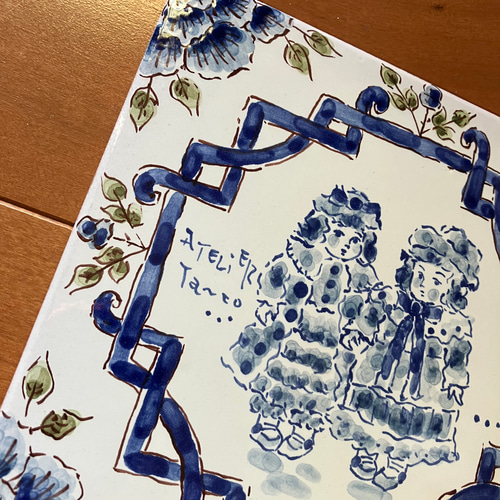 No3858  額装　タイル絵　彫刻家　スペイン　壁掛け　タイルアート　送料無料 送料無料》タイルアート作品 アトリエターコの「ドール画～青