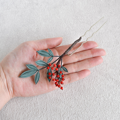 南天✤簪 つまみ細工 髪飾り プレセント 結婚式のお呼ばれ フォーマル