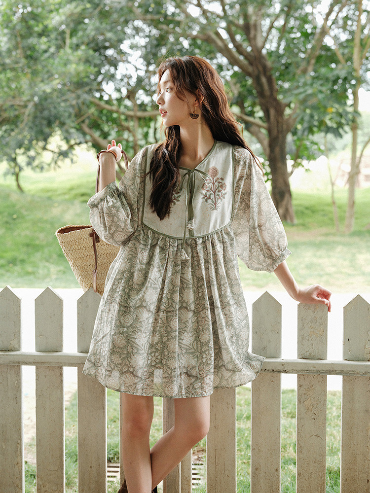 夏、五分袖ワンピース、ゆったり丸首花柄スカート、レディース