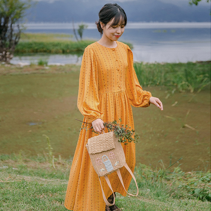 ワンピース、バブルスリーブ、ゆったりウエスト調節可能、花柄パフスリーブロングスカート、レディース