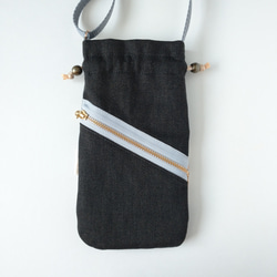 ❲小❳インド刺繍リボンの巾着スマホショルダー【black×gray】 3枚目の画像