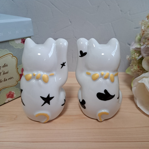 招き猫　ペア　結婚祝い　新築祝い　ハンドメイド　ポーセラーツねこ　縁起物 招き猫 ペア 結婚祝い 新築祝い ハンドメイド ポーセラーツねこ