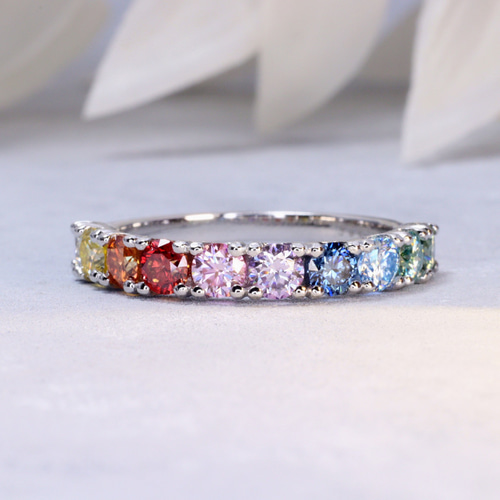 モアサナイト　指輪　3ct　オーロラカラー　フリーサイズ　アミュレット　虹 選べるカラー♪】モアサナイト ハーフエタニティ マルチカラー