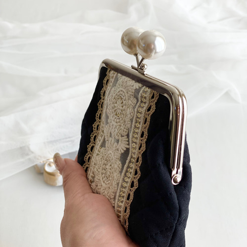 訳あり 親子がま口財布 インド刺繍リボン カードポケット付き パール
