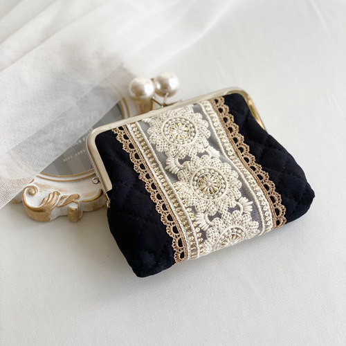 訳あり 親子がま口財布 インド刺繍リボン カードポケット付き パール