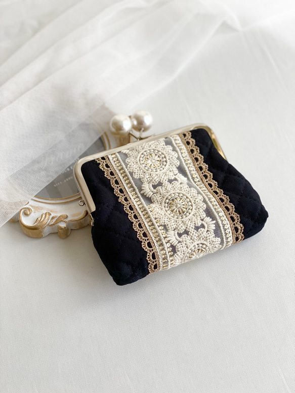 訳あり 親子がま口財布 インド刺繍リボン カードポケット付き パール