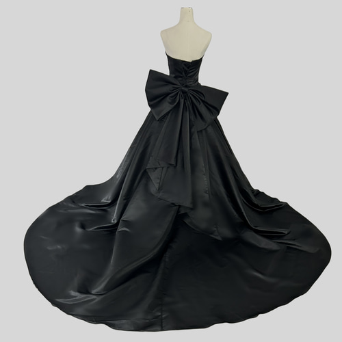 色直し パーティードレス 黑 ベアトップ リボン サテン スレンダー  