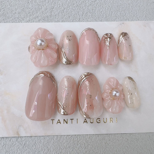 ピンク 成人式 ネイルチップ 振袖 花 ガーリー 桃色 立体 3D