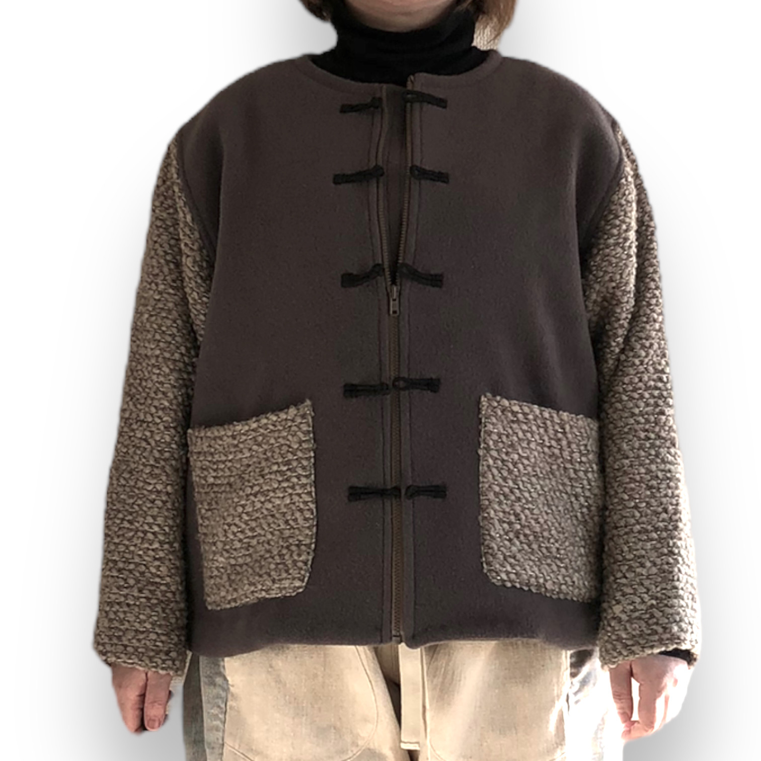 袖切り替え　厚手　ブルゾン　デッドストック素材　ファンシーヤーン　ツイード　グレー　ベージュ　グレージュ