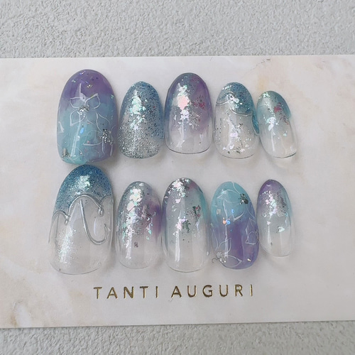 紫陽花 ネイルチップ 傘 アンブレラ あじさい 花柄 和風 寒色系 青 紫