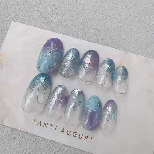 紫陽花 ネイルチップ 傘 アンブレラ あじさい 花柄 和風 寒色系 青 紫 