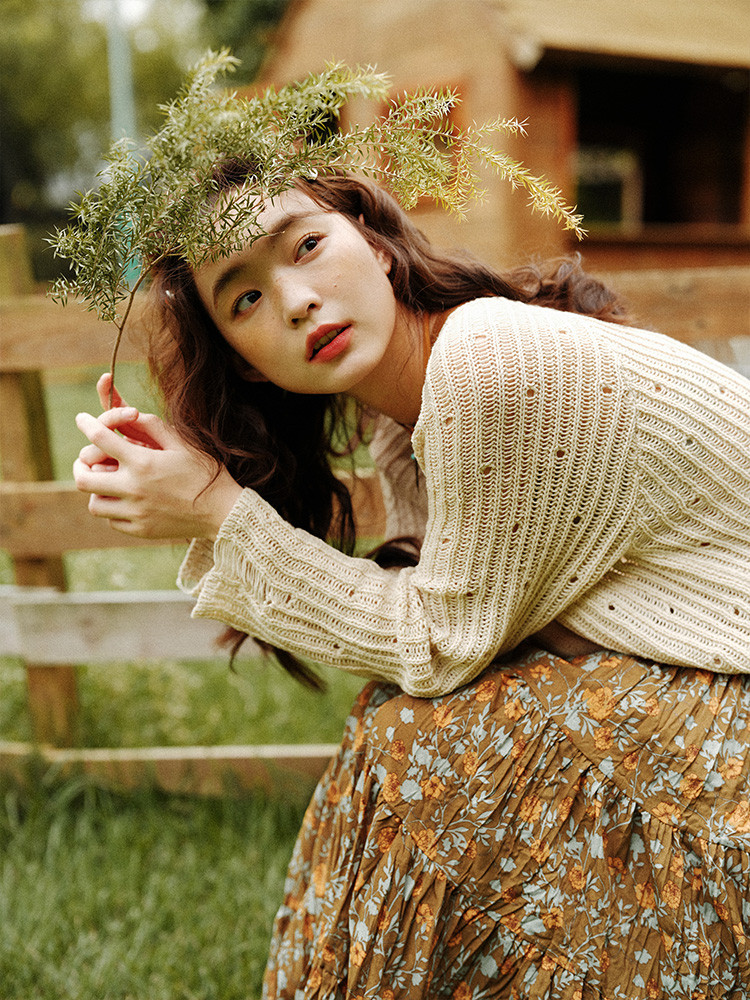 ゆったり透かし編みセーター、クルーネックの穴あきニット、長袖トップス、レディース