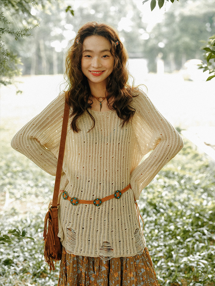 ゆったり透かし編みセーター、クルーネックの穴あきニット、長袖トップス、レディース