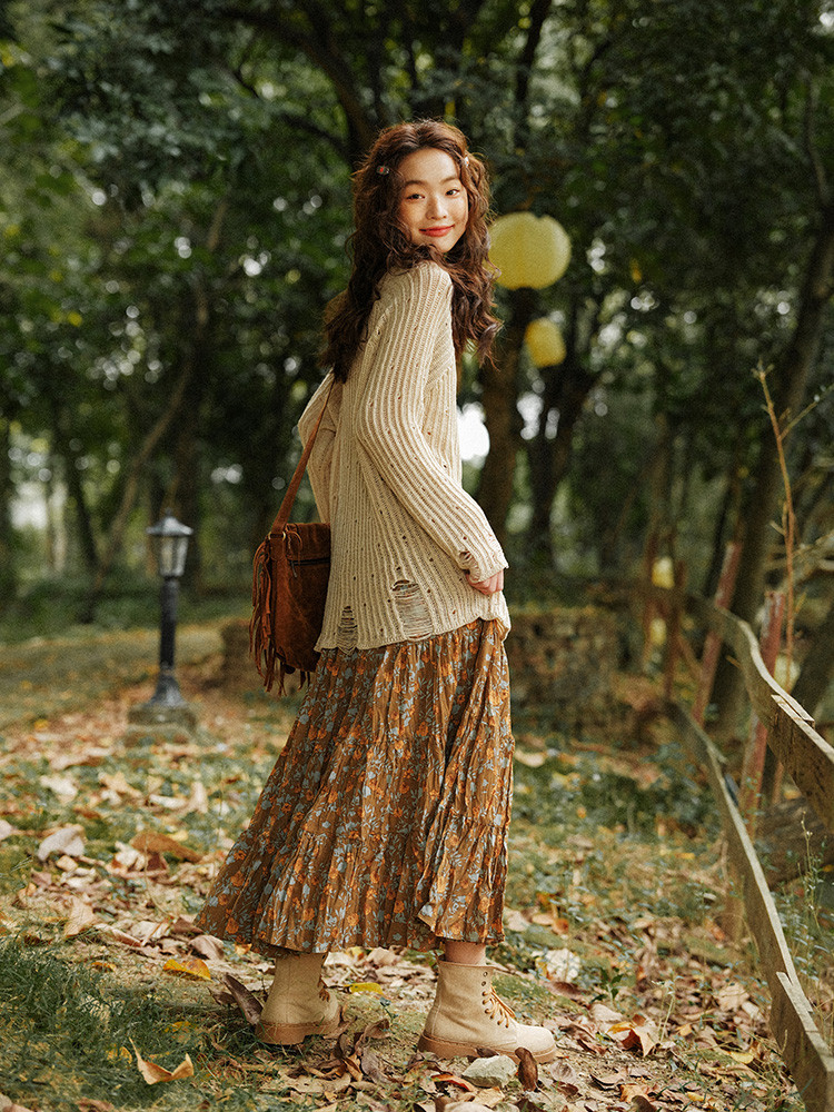 ゆったり透かし編みセーター、クルーネックの穴あきニット、長袖トップス、レディース