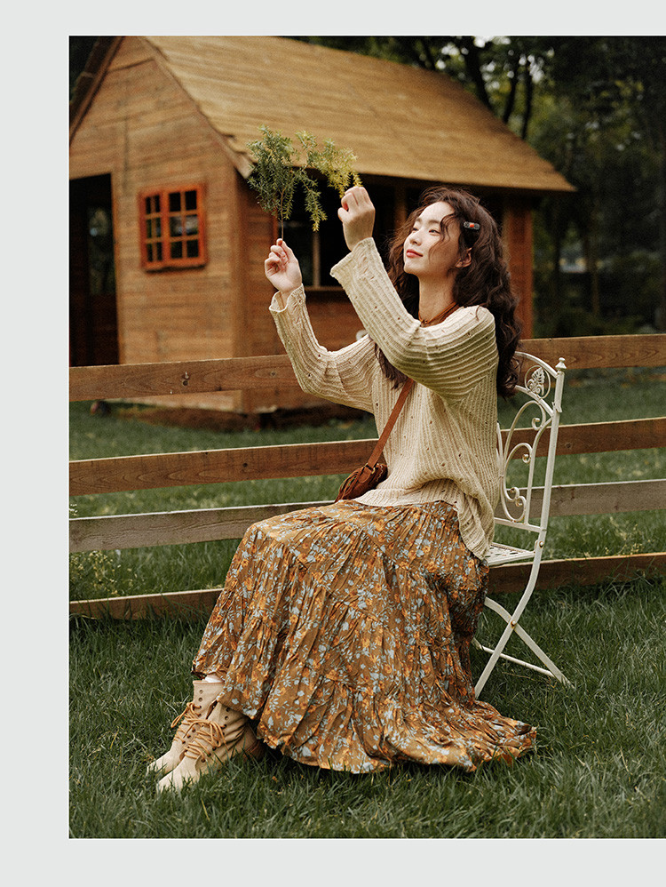 ゆったり透かし編みセーター、クルーネックの穴あきニット、長袖トップス、レディース