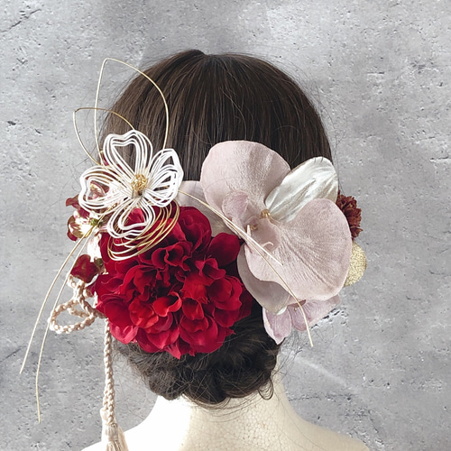 胡蝶蘭和装髪飾り 赤いベルベット胡蝶蘭の髪飾り 結婚式 卒業式 成人式