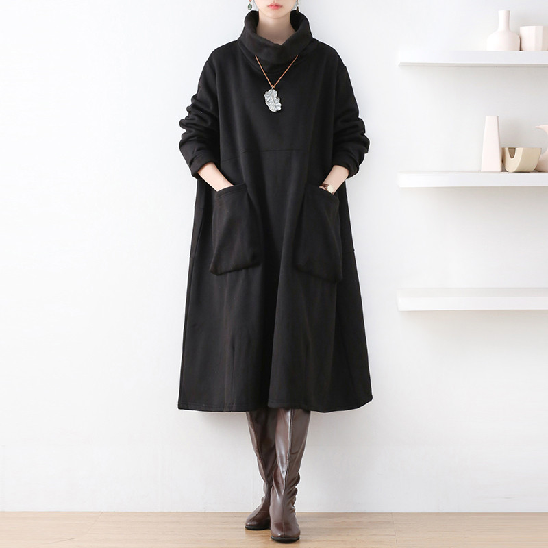 【即納】保温と収納を1枚で叶える☆ゆったり裏起毛ワンピース ブラック