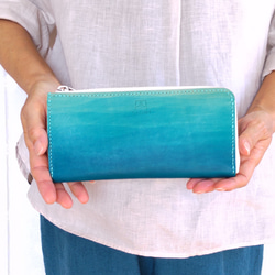 即発送可】【送料無料】長財布 手染め 青い波 手縫い レディース