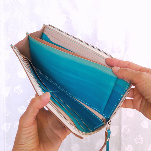 即発送可】【送料無料】長財布 手染め 青い波 手縫い レディース