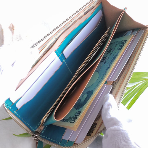 即発送可】【送料無料】長財布 手染め 青い波 手縫い レディース