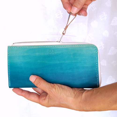 即発送可】【送料無料】長財布 手染め 青い波 手縫い レディース