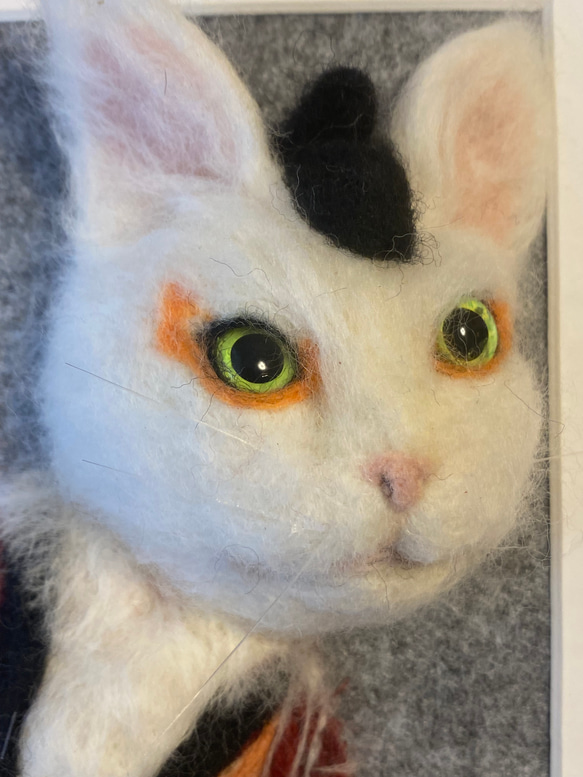 羊毛フェルトのおしゃれ絵画シリーズ　写楽(白猫) 4枚目の画像