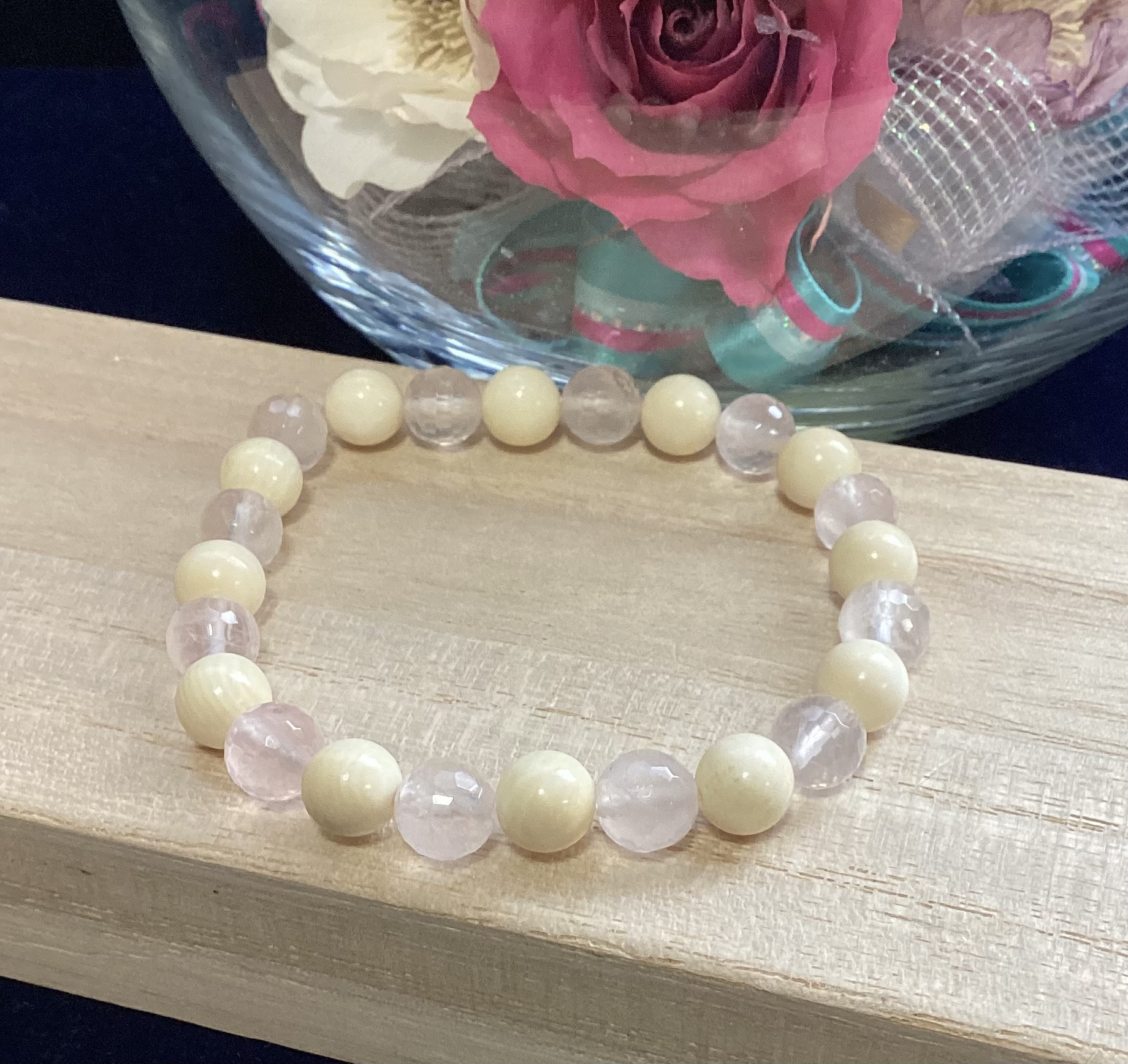 ☆本象牙＆ローズクォーツブレスレット　※A-34