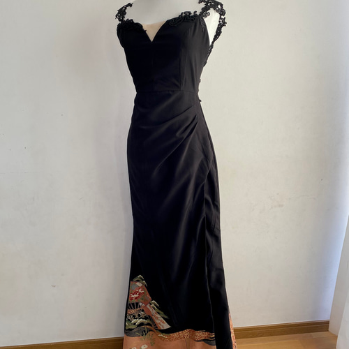 1点もの 取り外せるトレーン付き 黒留袖オディール風ドレス ワンピース