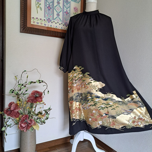 ★着物リメイク/黒留袖/ラグランスリーブ/ハイネックワンピ―ス/一点物 /正絹★ ☆着物リメイク/黒留袖/ラグランスリーブ/ハイネックワンピ―ス