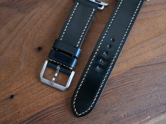 -現貨 Horween shell cordovan 馬臀 墨青 Apple watch錶帶訂製 第2張的照片