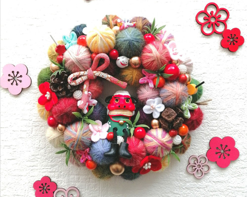 新作2024 カラフルでにっこり❀毛糸玉の正月飾り〈獅子舞〉（小