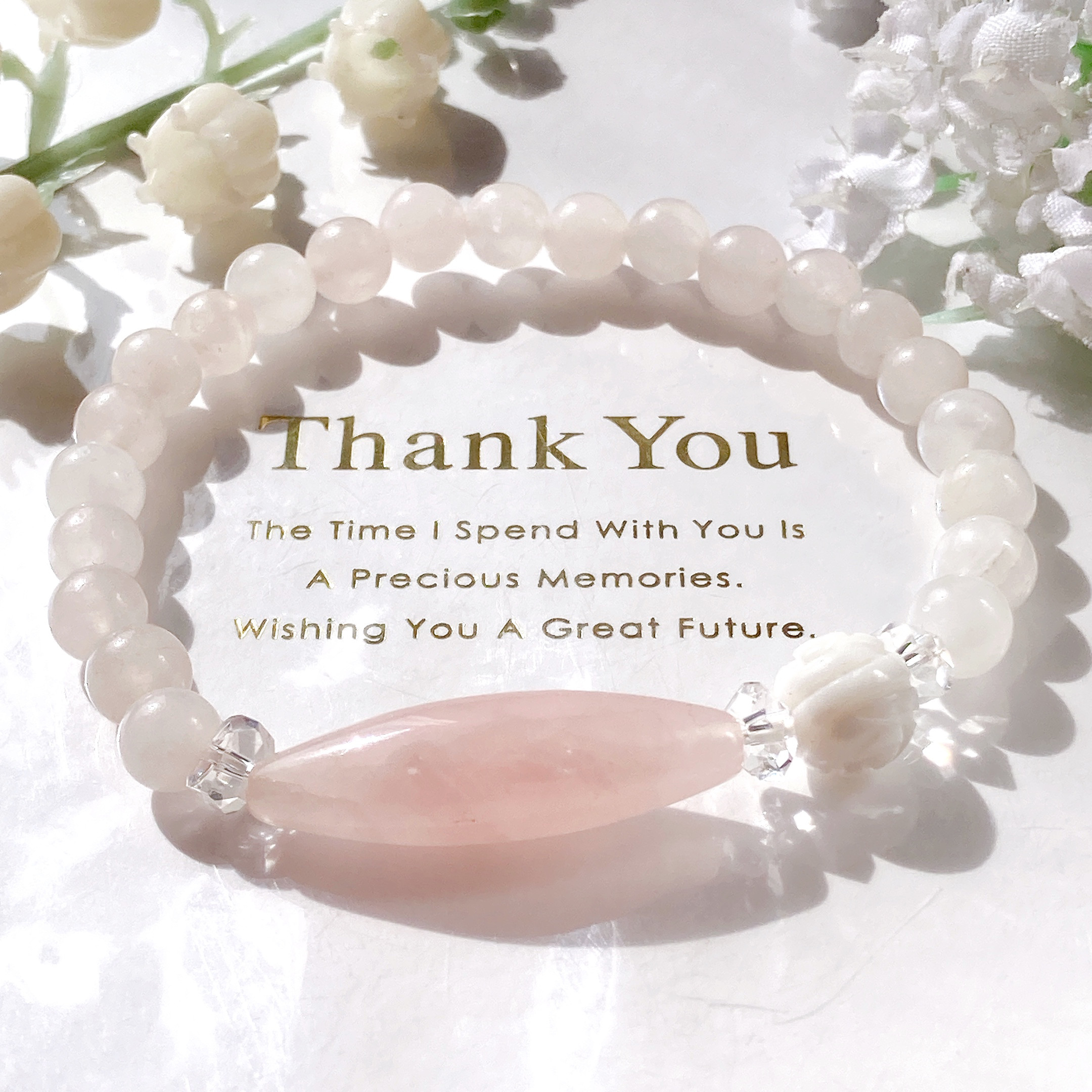 ローズクォーツ天珠ホワイトオニキス薔薇天然石ブレスレット