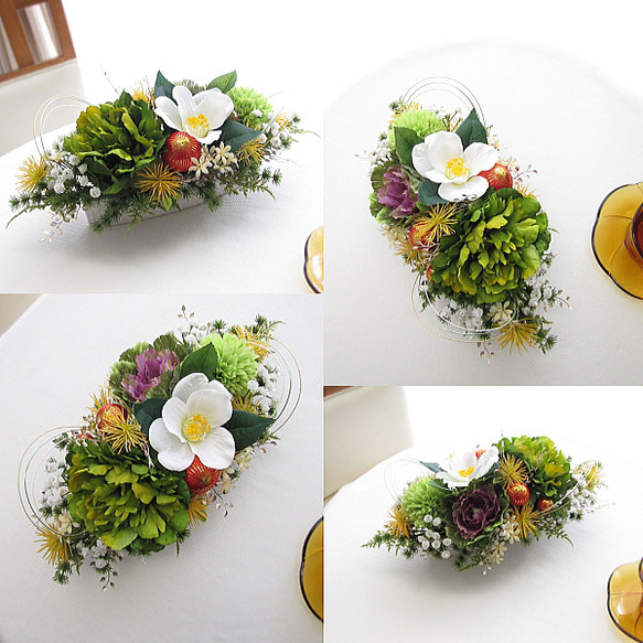 正月飾り～ピオニー・椿・葉牡丹・マム入りテーブルアレンジ　迎春　和風　　cmny019 2枚目の画像