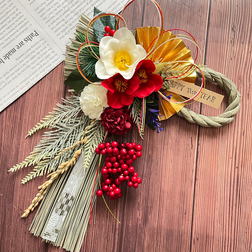 No.610 赤い実と紅白椿のしめ縄リース2024 ハンドメイドお正月飾り玄関