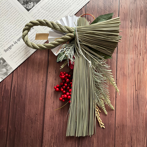 No.610 赤い実と紅白椿のしめ縄リース2024 ハンドメイドお正月飾り玄関