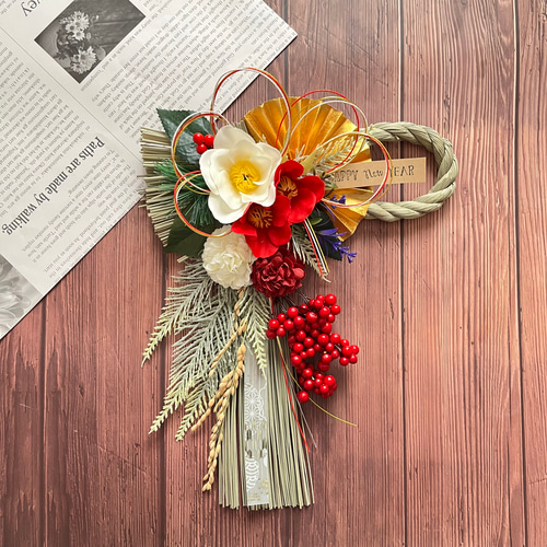 No.610 赤い実と紅白椿のしめ縄リース2024 ハンドメイドお正月飾り玄関
