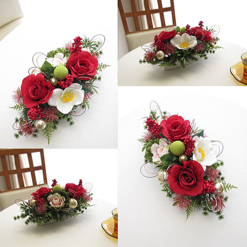 正月飾り～バラ・椿・葉牡丹・南天の実入りテーブルアレンジ 迎春 和風
