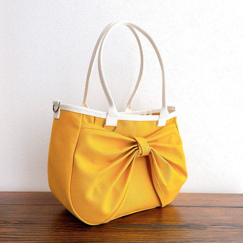 ♥️中♥️ころリボンバッグ ショルダー マスタード×生成 2WAY 斜め