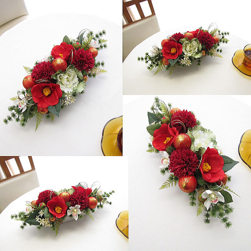 正月飾り～椿・葉牡丹・マム・蘭入りテーブルアレンジ 迎春 和風