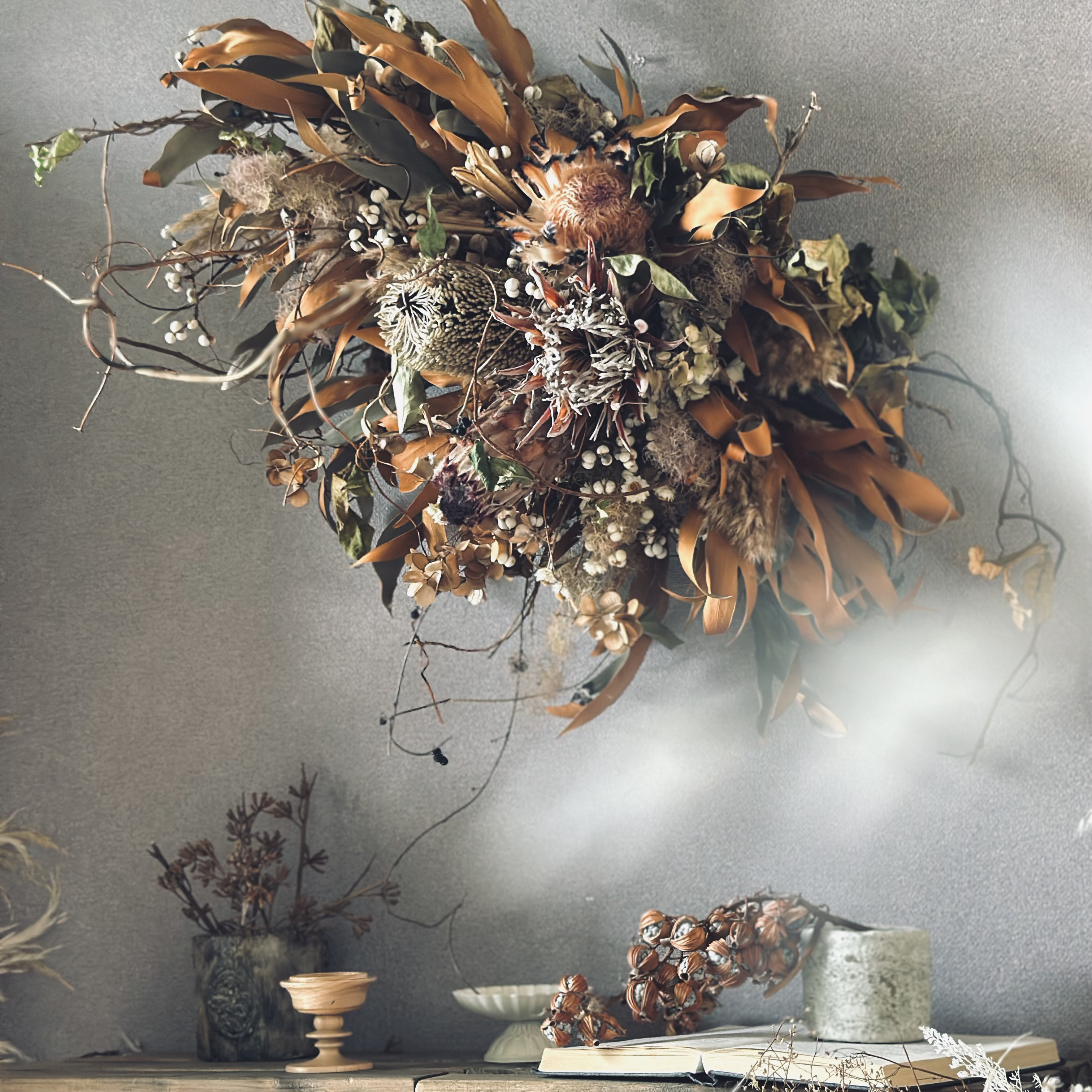 【ドライフラワー壁掛けアレンジ】男前インテリア　テラコッタ×ワイルドフラワー