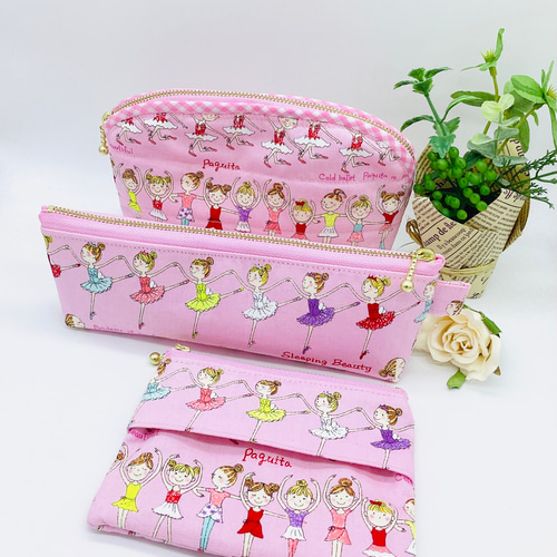 再販】マルチポーチ☆バレリーナと小花柄 内ポケット付き（ピンク  