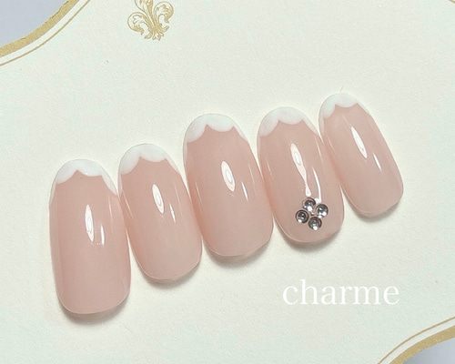 18))りぼんネイル フレンチガーリー ビジュー シルバー 付け爪 ネイル