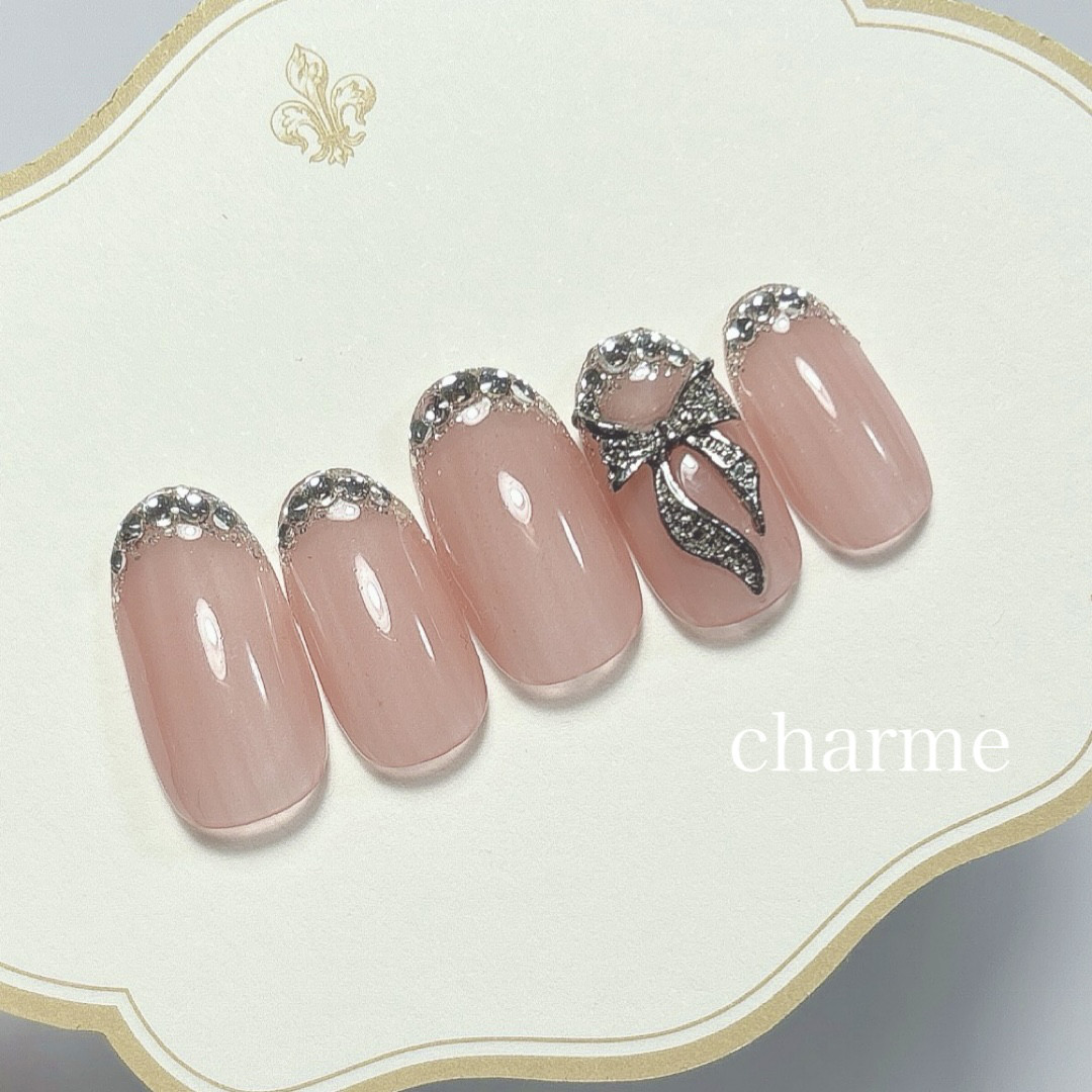 ガラスフレンチ、リボンネイル、ビジューネイル、ネイルチップ、オーダーネイルチップ、ピンクネイル