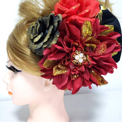 5 髪飾り 赤 金 成人式 結婚式 ダリア 薔薇 振袖 卒業式 袴 舞台 派手