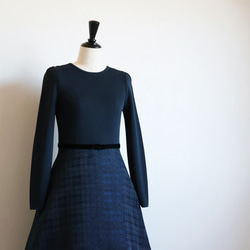 在庫僅か！【選べるデザイン！】 チェックジャガード ドッキングワンピース【ネイビー】 2枚目の画像