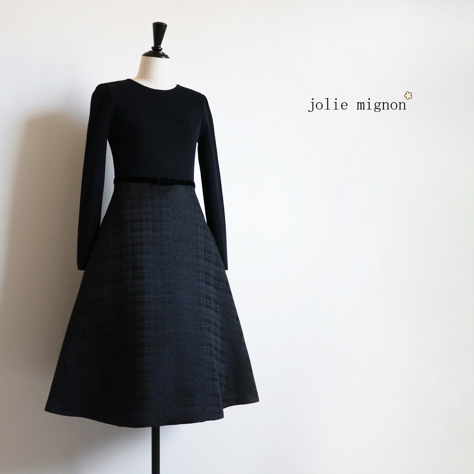 在庫僅か！【選べるデザイン◎】 チェックジャガード ドッキングワンピース【ブラック】