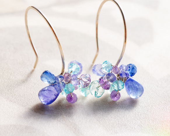 藍紫色花朵耳環 坦桑石、海藍寶石 純銀 第2張的照片