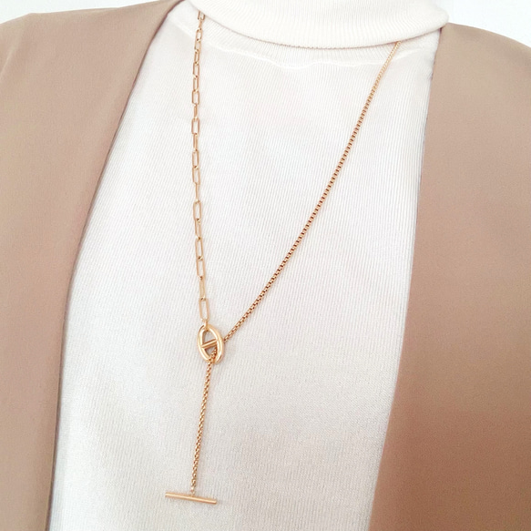 ＊大人気＊アンカーマンテルのゴールドネックレス/春　上品　ラリエット　レイヤード Yロング　サージカルステンレス 1枚目の画像